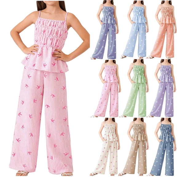 YHAJDS Girl 2 Piece Lounge Set Bow Print Sleeveless Tank Top Elastic Waist Pocket Wide Leg Pants Set