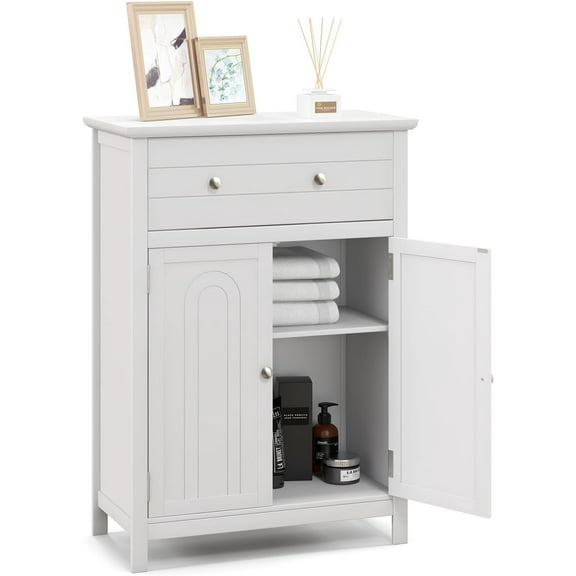BECOMFORT Bathroom Floor Storage Cabinet, Freestanding Storage Stand w/Large Drawer, Adjustable Shelf & Anti-Tipping Device, Wooden Floor Storage Organizer for Bathroom, Living Room, Entryway (White)