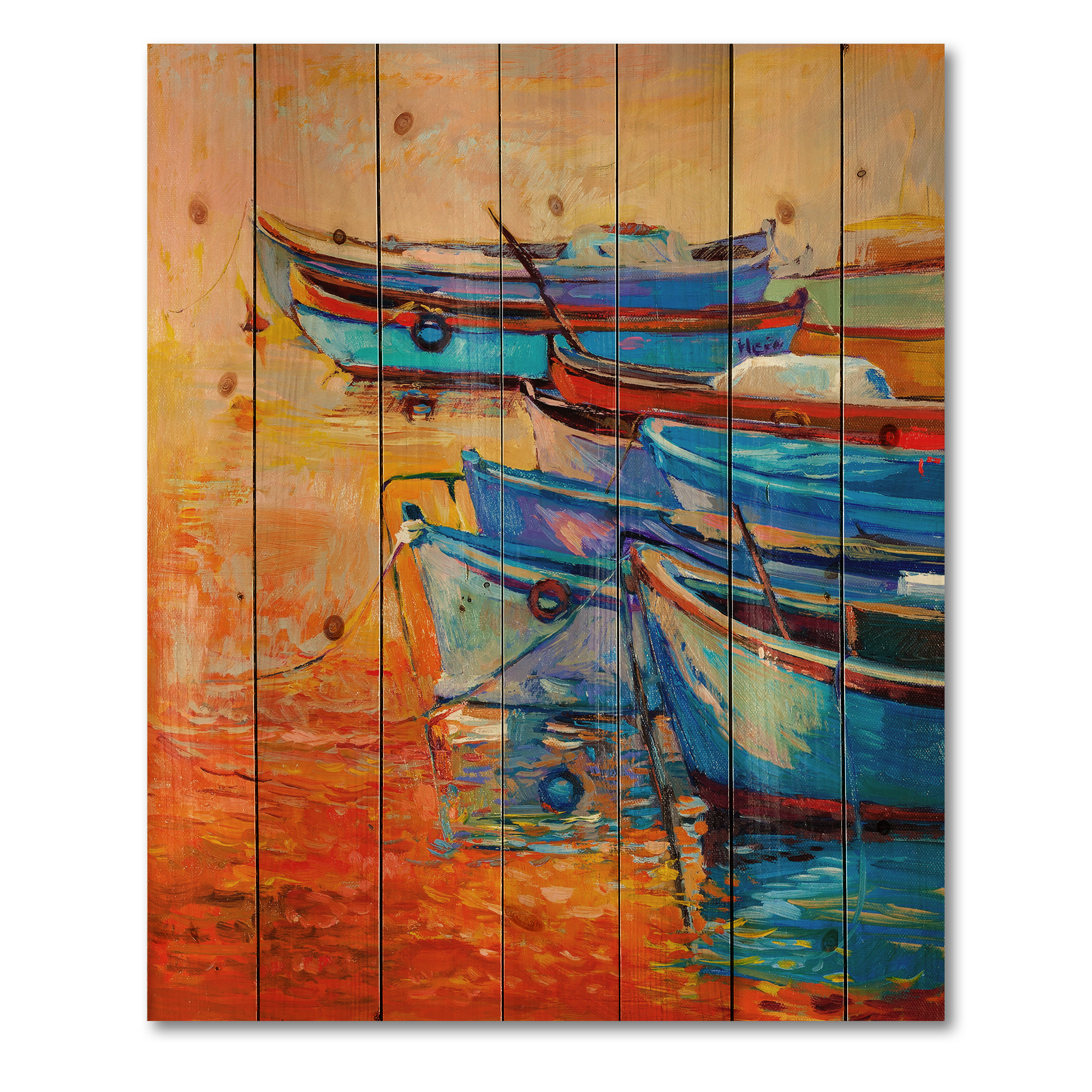 Designart 'Boats During Warm Sunset Resting On The Water VIII' Nautical & Coastal Print on Natural Pine Wood
