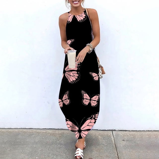 SMihono Robe Maxi Bohème d'Été pour Femmes Grande Taille Robe d'Été Décontractée Sans Manches Col Halter Jupe à Bretelles Fendue Robe Maxi Imprimée Robe de Plage