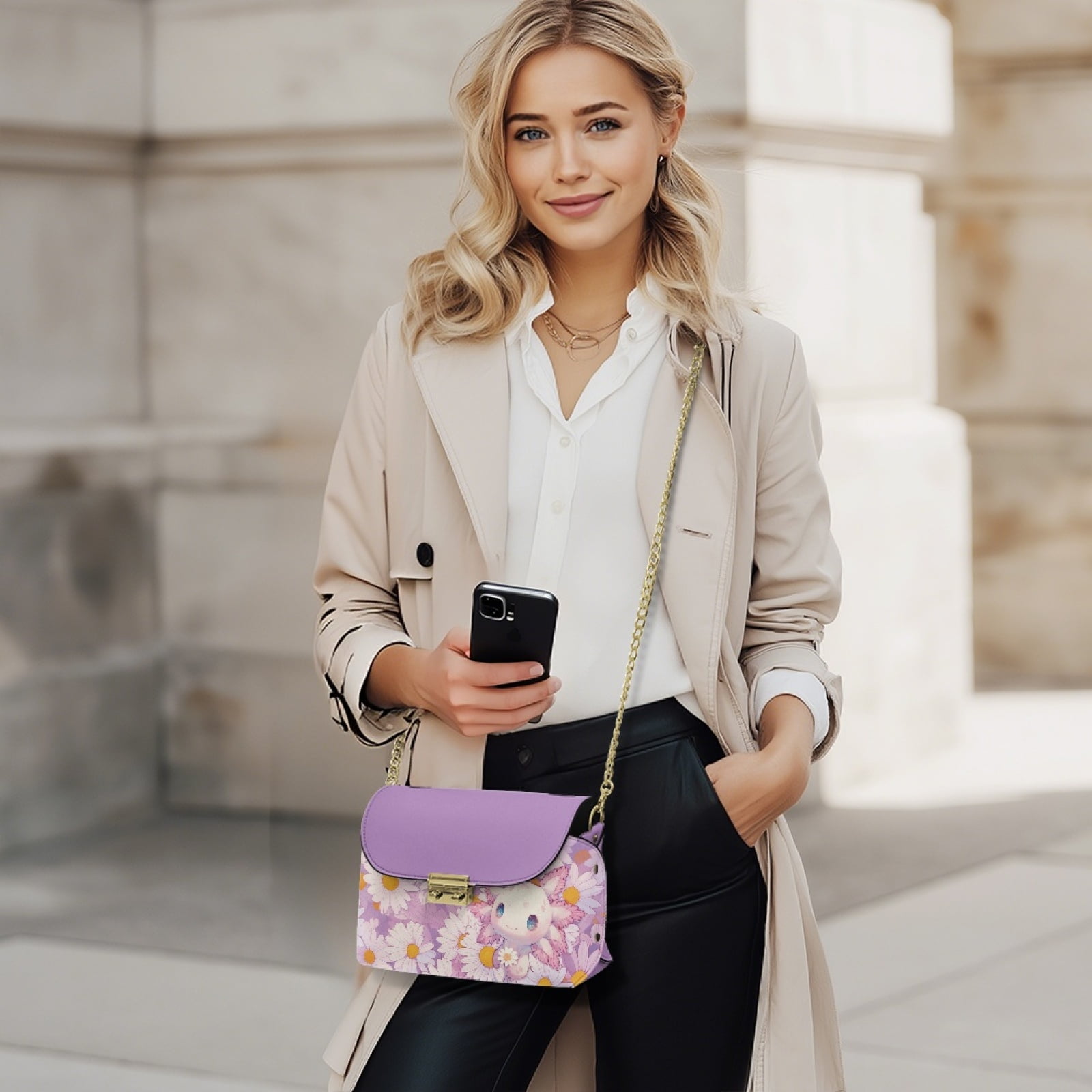 SCRAWLGOD Axolotl Daisy Print Violet Small Crossbody Bag Women's Crossbody Purse PU Leather Crossover Shoulder Bag Cross Body Handbags with Small Shoulder Purses