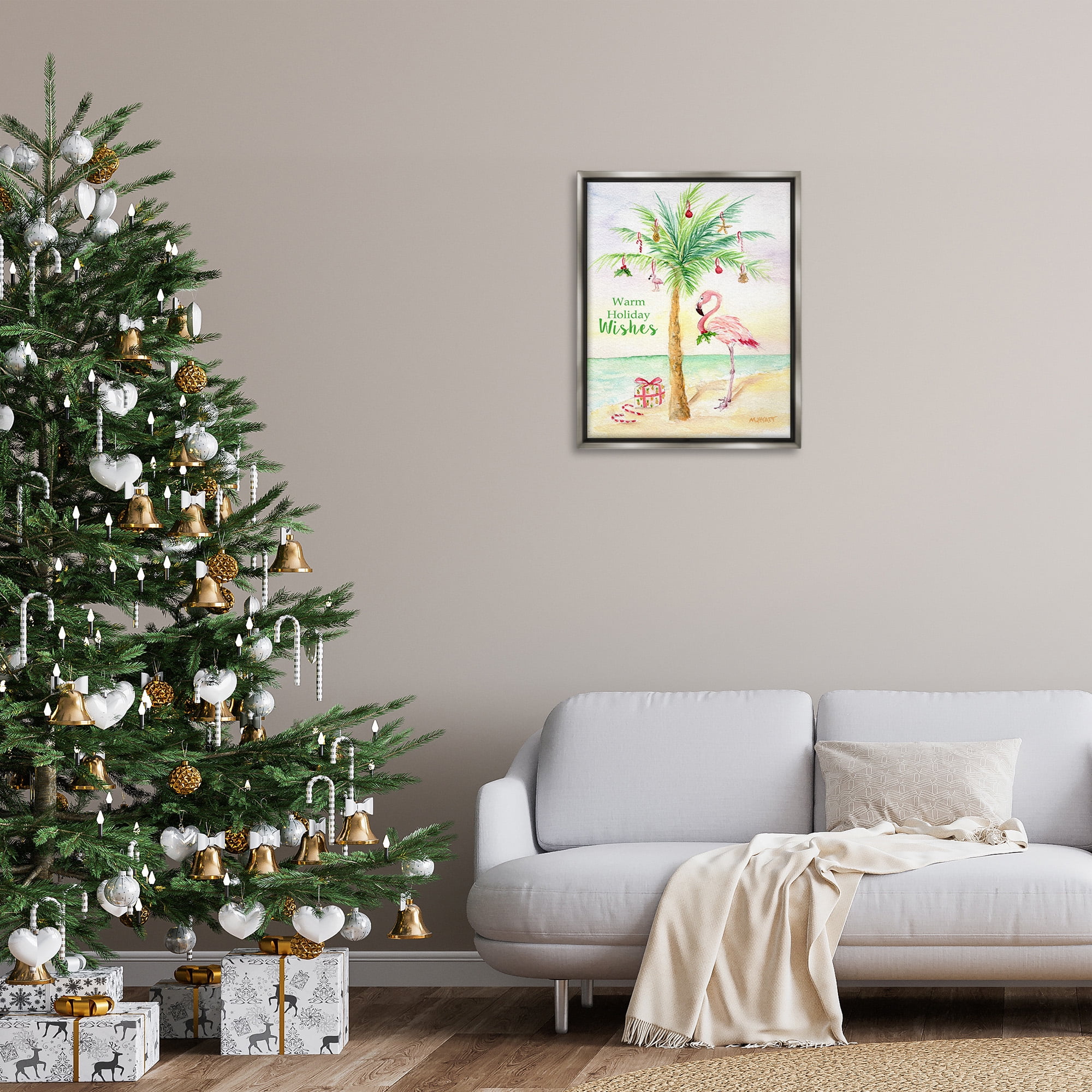 Stupell Industries Tropical Flamingo Christmas Holiday Painting Gray Floater Framed Canvas Art Print Wall Art, 25 x 31