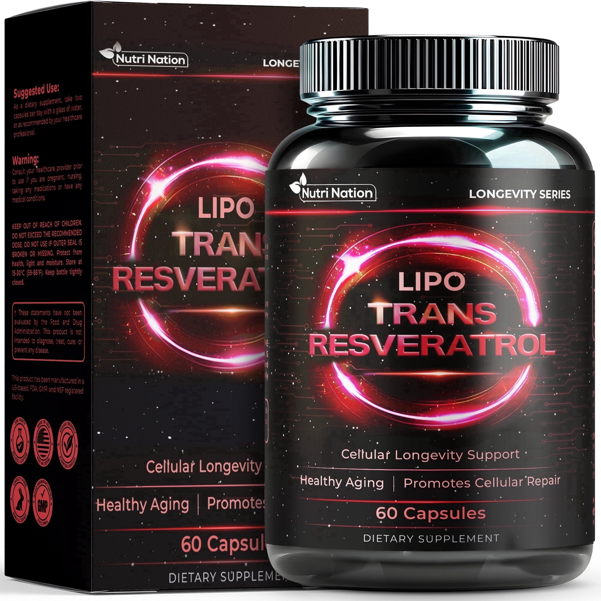Nutri Nation Liposomal Resveratrol 500 mg Capsules Healthy Aging and cardiovascular 60 Count
