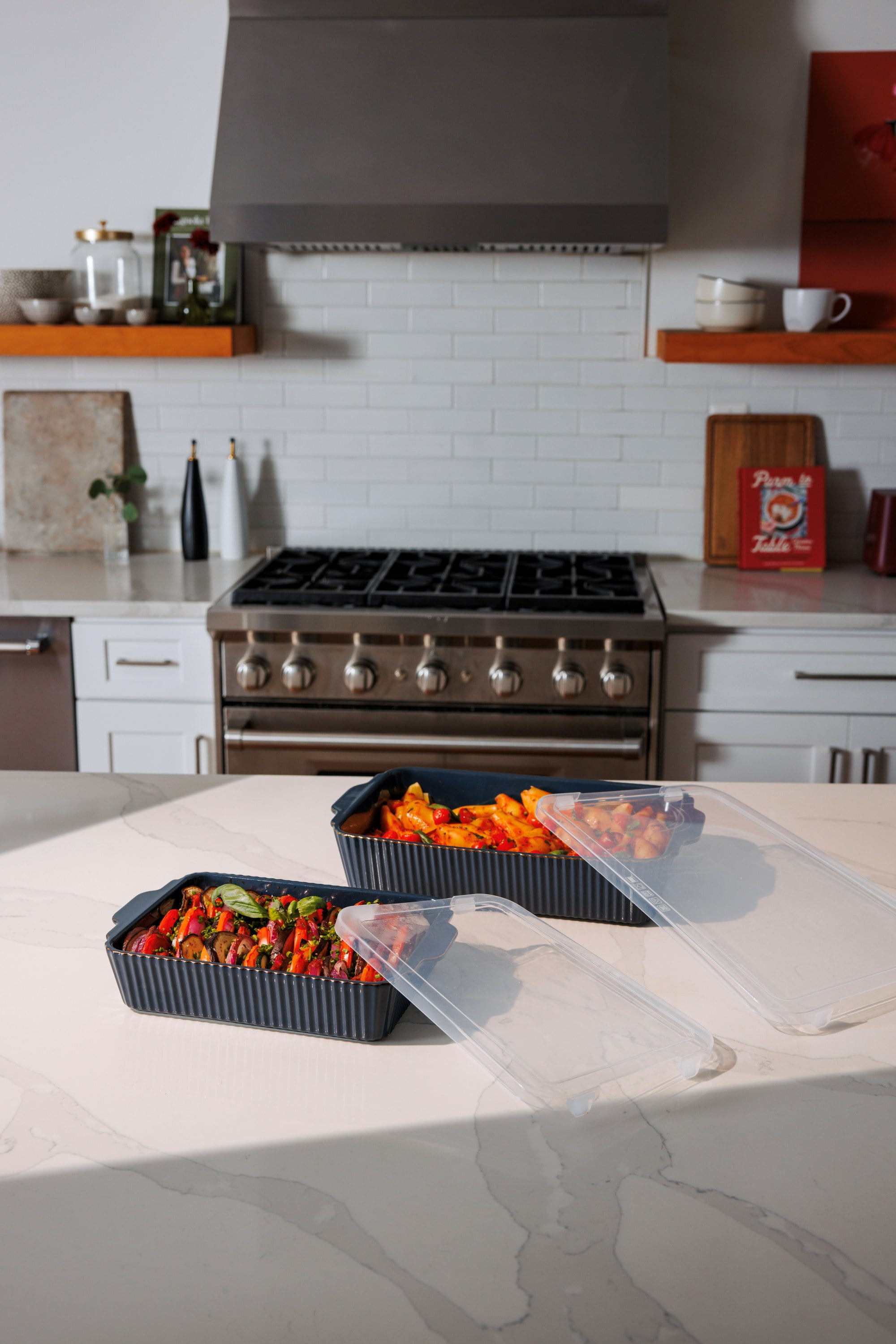 Thyme & Table 4-Piece Stoneware Bakeware Set, Includes Lids, 9"x13" , 7"x10" Bakers With Lids , Atlantic Blue Ribbed