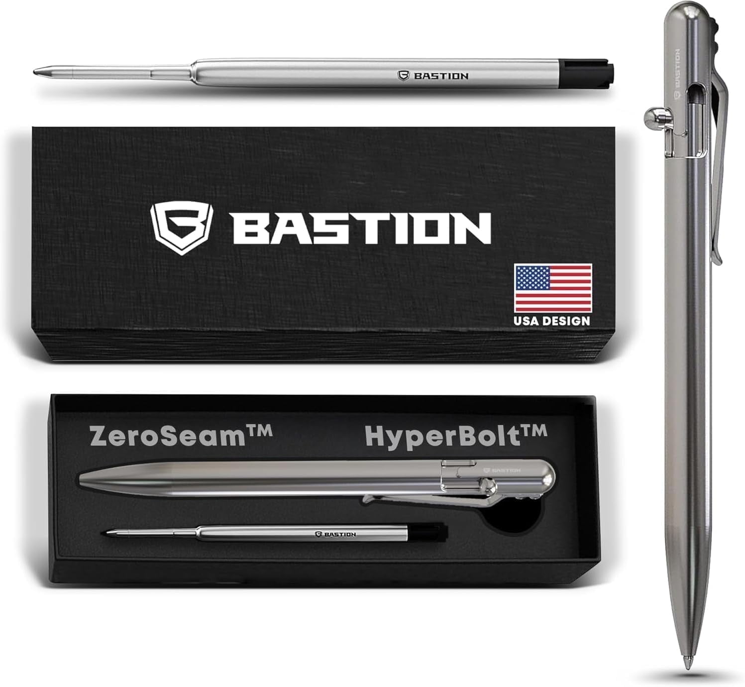 Bastion Stainless Steel Slim Bolt Action Pen, Ballpoint Refillable, 1 Count