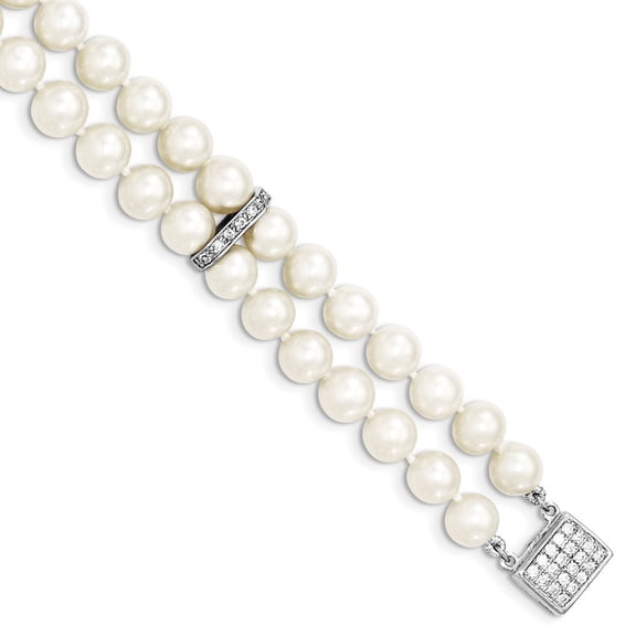 Sterling Silver 7-8mm White Fwc Pearl 2-strand Cubic Zirconia Fancy Bracelet - 7 Inch