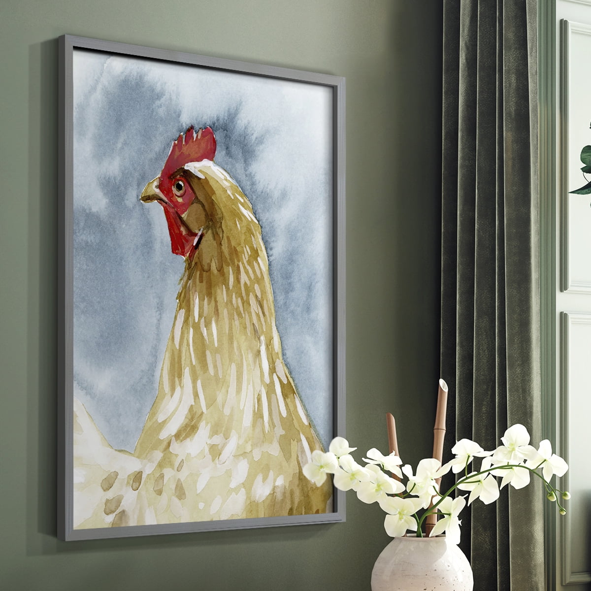 Chicken Portrait I Framed Print in Gray Solid Wood Framed Print No Nail Hanging