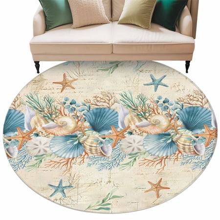 Beach Coastal Beige Round Area Rugs Collection 7 Nautical Shell Starfish Coral Summer Non Slip Indoor Circular Throw Runner Rug Floor Mat Carpet for Living Room Dining Table Bedroom Nursery