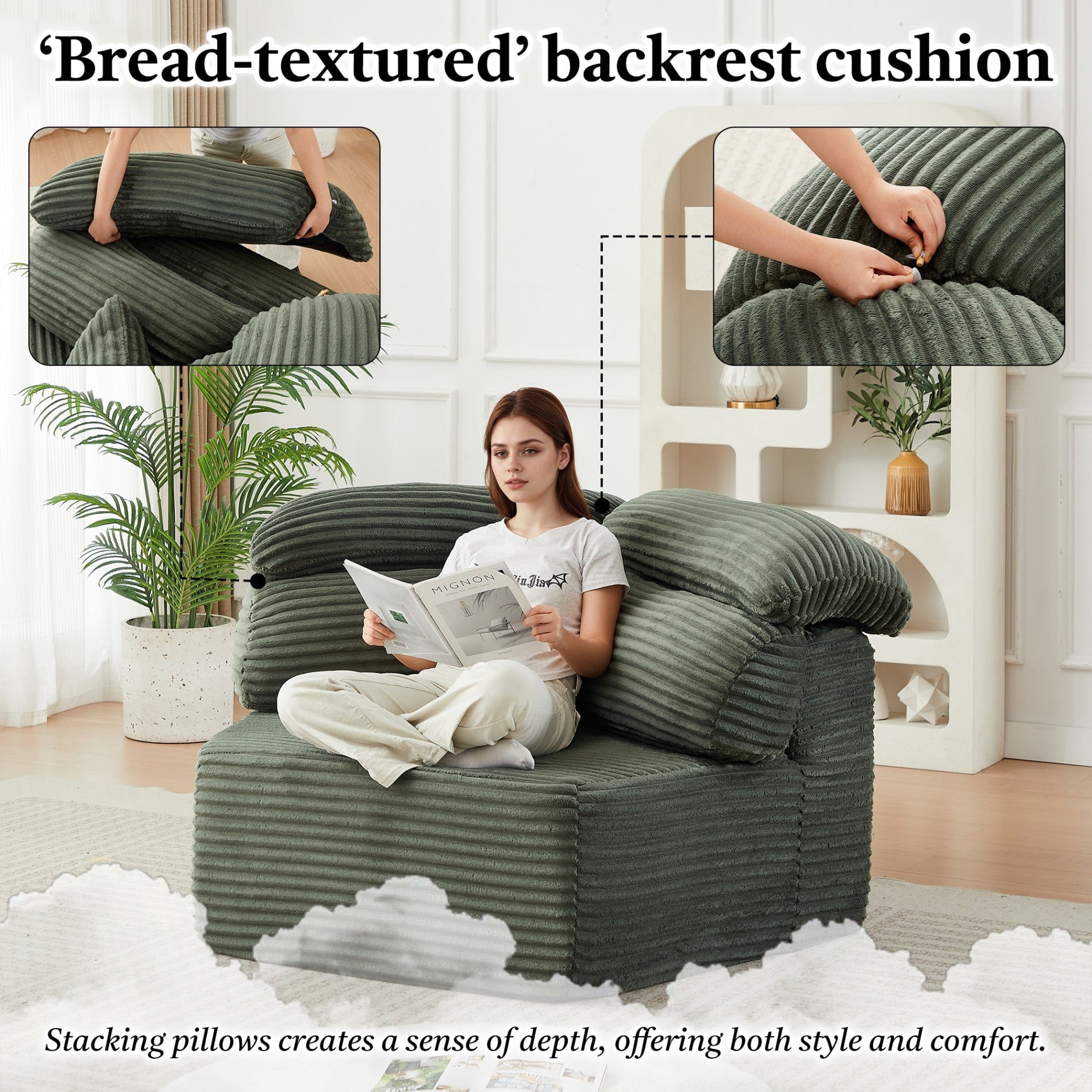 Sailvan 2PCS 53" Modern Corduroy Modular Lounge Chair, Pentagonal Seater Cloud Sofa with 6 Enveloping Pillows for Living Room Green