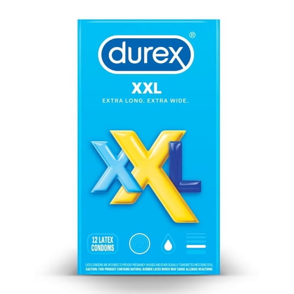 Durex Condom XXL Longer & Wider Natural Latex Condoms, Extra Wide Fit, 12 Count - Ultra Fine & Lubricated (Packaging May Vary)
