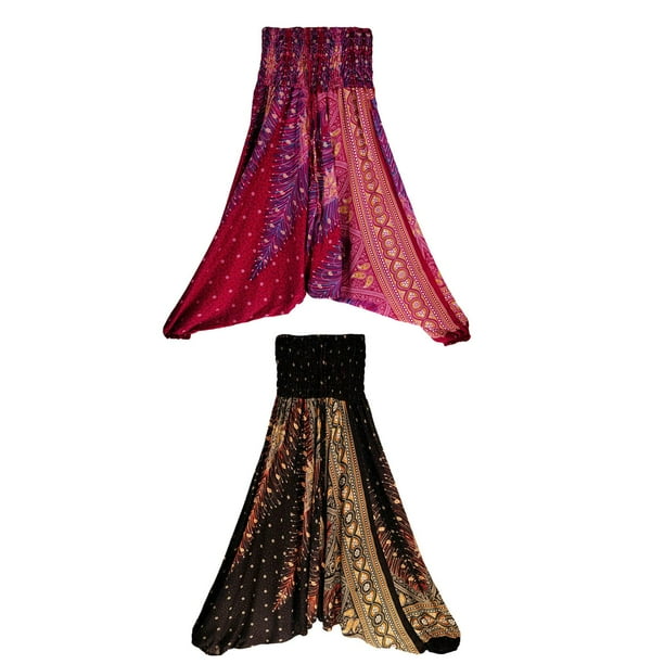 2 pantalones holgados de yoga con cintura fruncida de algodón para mujer, pantalones largos con estampado floral, Vino Negro jinwen Pantalones bombachos para mujer