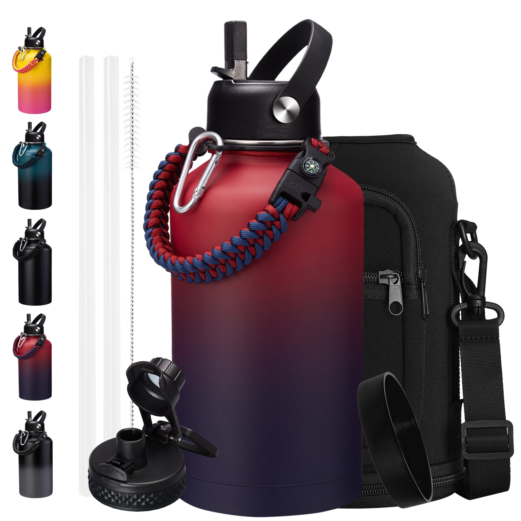 64oz Insulated Water Bottle with Straw & Spout Lids, Stainless Steel Metal Water Jug Keeps Cold 48H Hot 24H