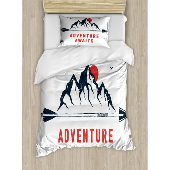 Adventure Awaits Duvet Cover Set Twin Size, Mountains Full Moon Sky with Flying Gulls Motivation Quote, Decorative 2 Piece Bedding Set with 1 Pillow Sham, Dark Blue Grey Vermilion, by Ambesonne