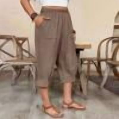 Plus Size Summer Capris for Women Casual Elastic Waist Wide Leg Pants with Pockets Daily Versatile Cropped Pants ,Khaki-1,XXL