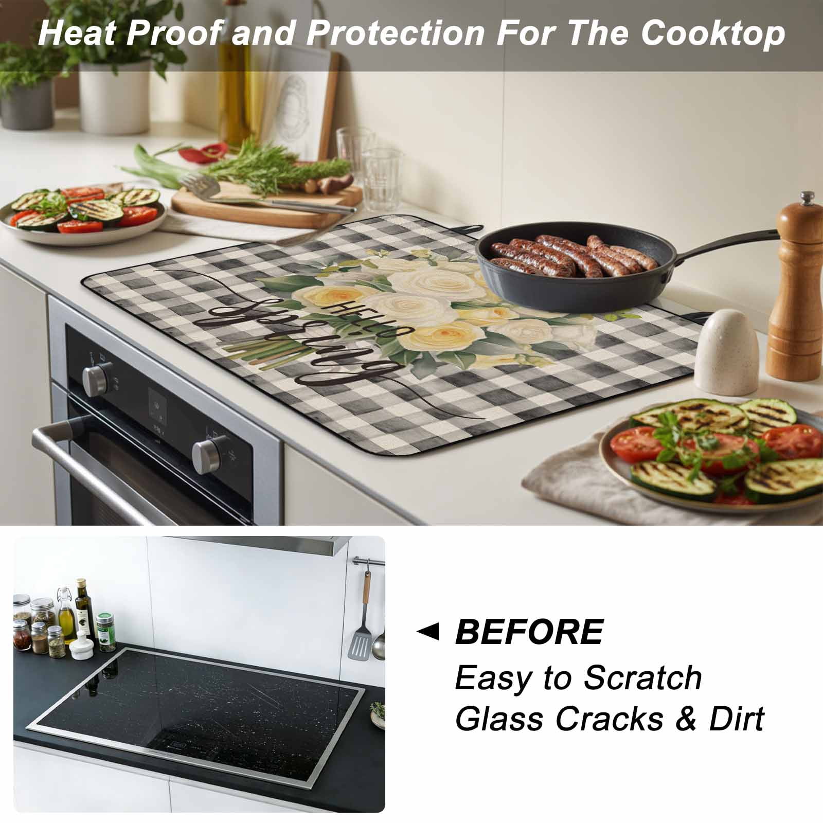 Spring Floral Stove Top Cover for Electric Stove, Heat-proof & Non Slip Glass Top Stove Cover Protector, Black White Plaid Summer Botanical Flowers Kitchen Flat Cooktop Rubber Mat 24x21 Inches