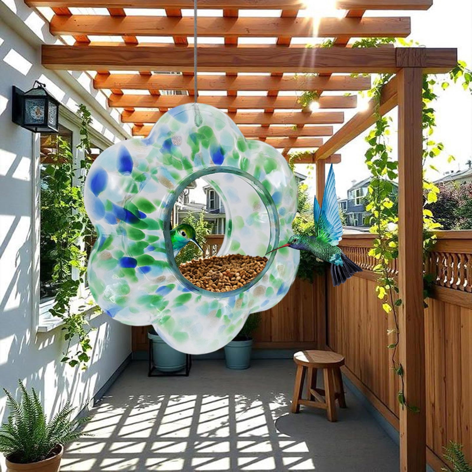 Garden Hanging Flower-Shaped Stained Glass Hummingbirds Feeder Hand-Painteds Polka Dots Glass Designs Outdoor Garden Nectars Station with Perchs Rings