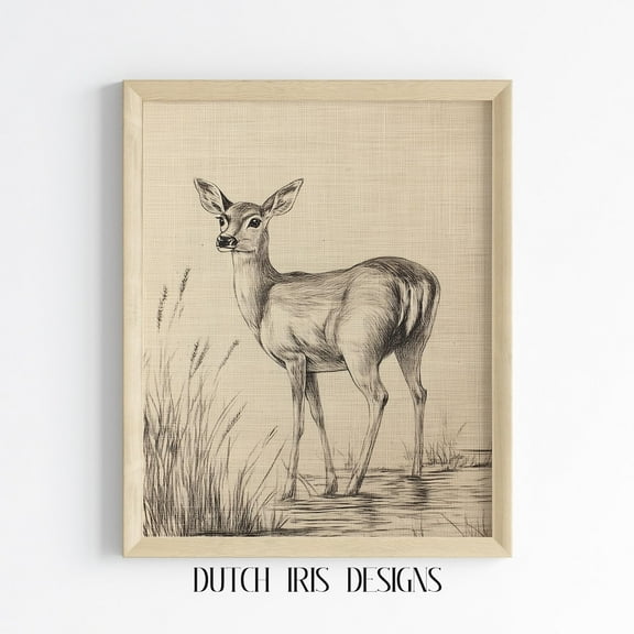 Vintage Deer Sketch Wall Art, Rustic Nature Scene, Pencil Drawing, Cottagecore Decor, Woodland Animal Art, 259 Home Decor #1489, Unframed Poster Size 8x12