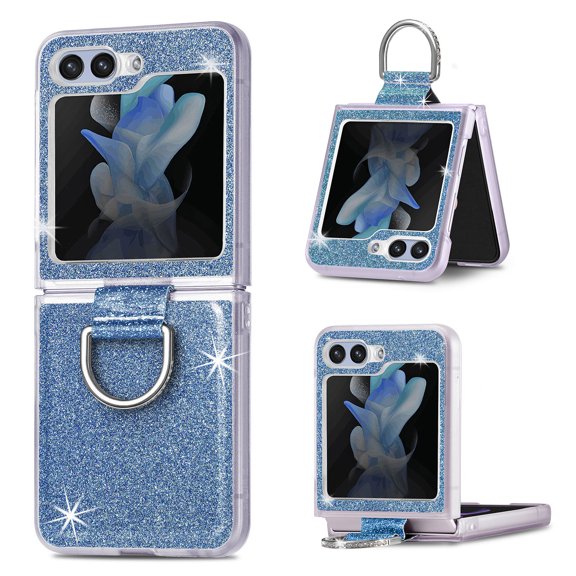 for Galaxy Z Flip 5 5G Case with Ring, Glitter Crystal Bling Sparkly Leather with Slim Fit Hard PC Bumper Protective Cases Cover Compatible with Samsung Galaxy Z Flip 5 5G 2023, Blue