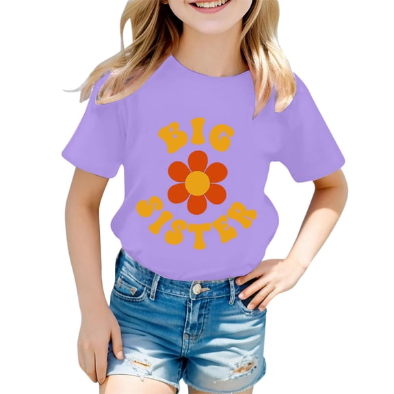 REDARER Girls' Floral & Big Sister Graphic Tee - Colorful Letter Printed Round Neck Short Sleeve Casual Fashion Kids Everyday Wear Top,12-13 Years