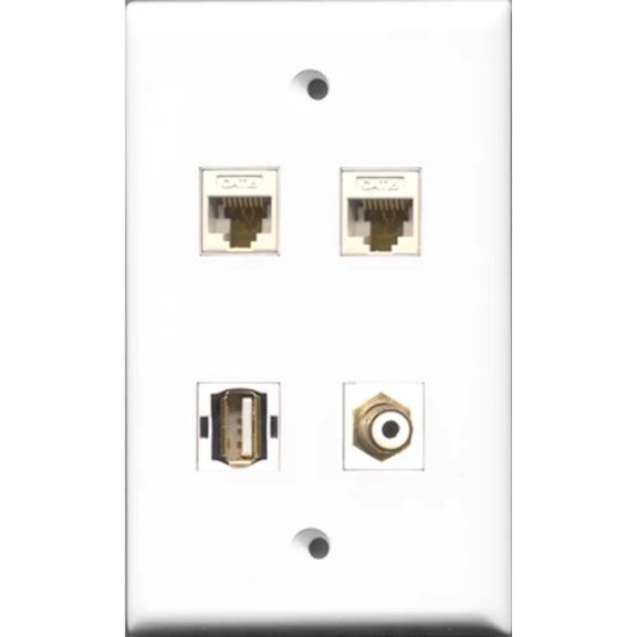RiteAV 1 Port RCA White and 1 Port USB A-A 2 Port Cat6 Ethernet White Wall Plate