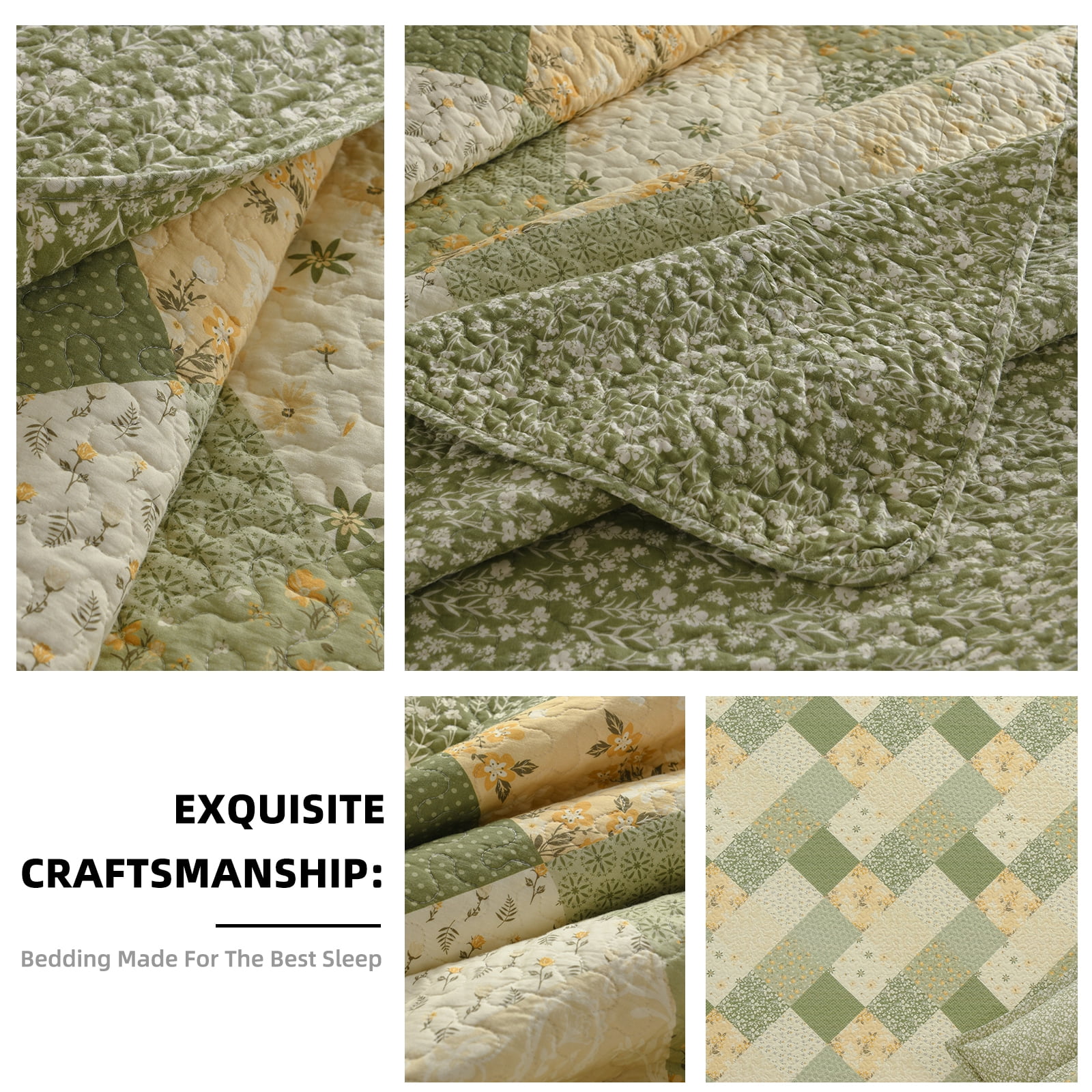 PANGUSHAN 100% Cotton 120"x120" Oversized California King Bedspread Coverlet Quilt Set, Cal King Quilted Bedspread Extra Large Wide Quilt, Floral XL Bed Spread Lightweight Comforter, 3pc, Green/Cream