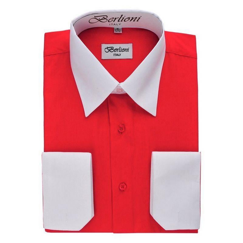 Berlioni Men's Two-Tone French Convertible Cuff Button Up Dress Shirt Red  X-Large 34/35
