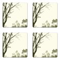 thumbnail image 1 of Forest Coaster Set of 4, Nature Theme the Panorama of a Forest Pattern Birds on Tree Branches Print, Square Hardboard Gloss Coasters, Standard Size, Olive Green Cream, by Ambesonne, 1 of 2