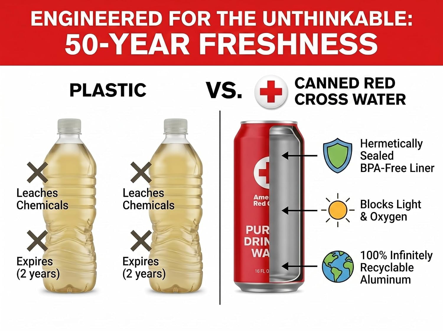 American Red Cross Licensed Emergency Drinking Water Cans by Aqua Emergency 12 Pack (16 fl oz / 473 ml Each) – 50 Year Shelf Life Long Term Water Storage, Disaster Preparedness Survival Supply