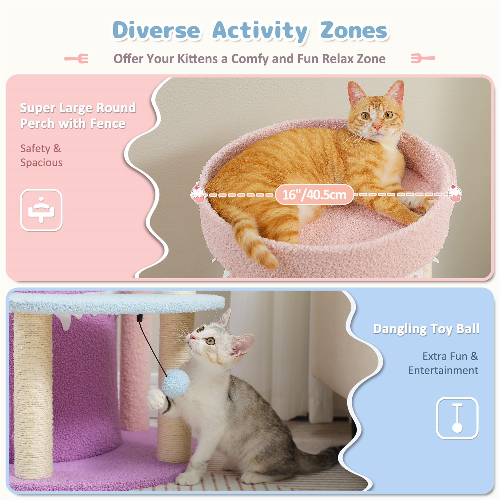 resenkos 43" Cat Tree Tower for Indoor Large Cats, Cat Bed House with 3 Large Cat Condos and Sisal Covered Scratching Posts for Kittens, Pink