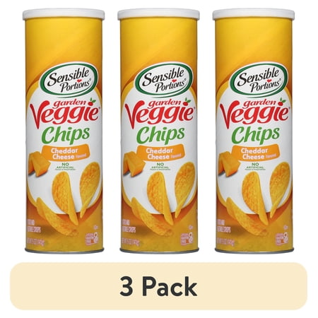 (3 pack) Sensible Portions Garden Veggie Snack Cheddar Cheese Potato Chips, 5 oz, Cardboard Canister