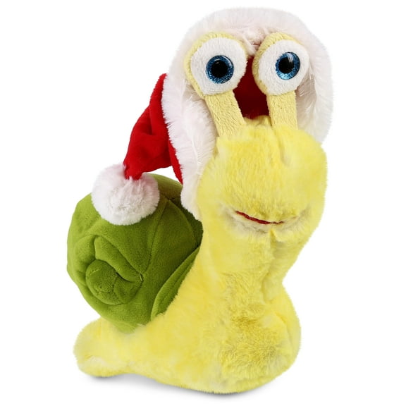 DolliBu Santa Yellow Snail Stuffed Animal Plush Toy - Super Soft Snail Plush Dress Up with Red Santa Claus Outfit, Cute Plush Holiday Christmas Gift - 9 Inch