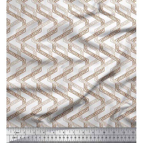 Soimoi Brown polyester Crepe Fabric Zig Zag Ethnic Decor Fabric Printed Yard 42 Inch Wide