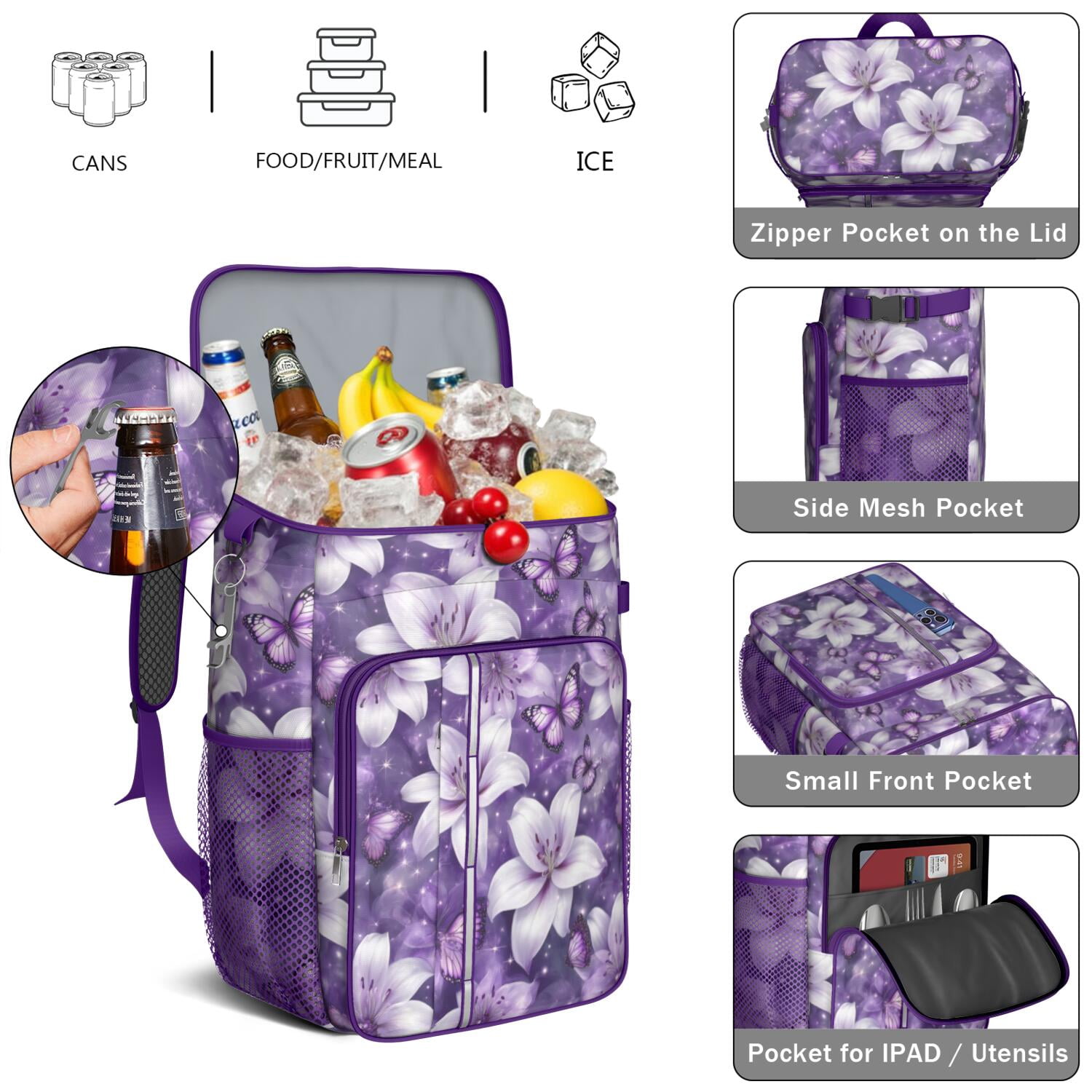 Travel Cooler Bag - Purple Butterflies and Lilies Camping Beer Cooler Backpack with Bottle Opener- Waterproof Insulated Picnic Backpacks - Cooler Bag for Beach