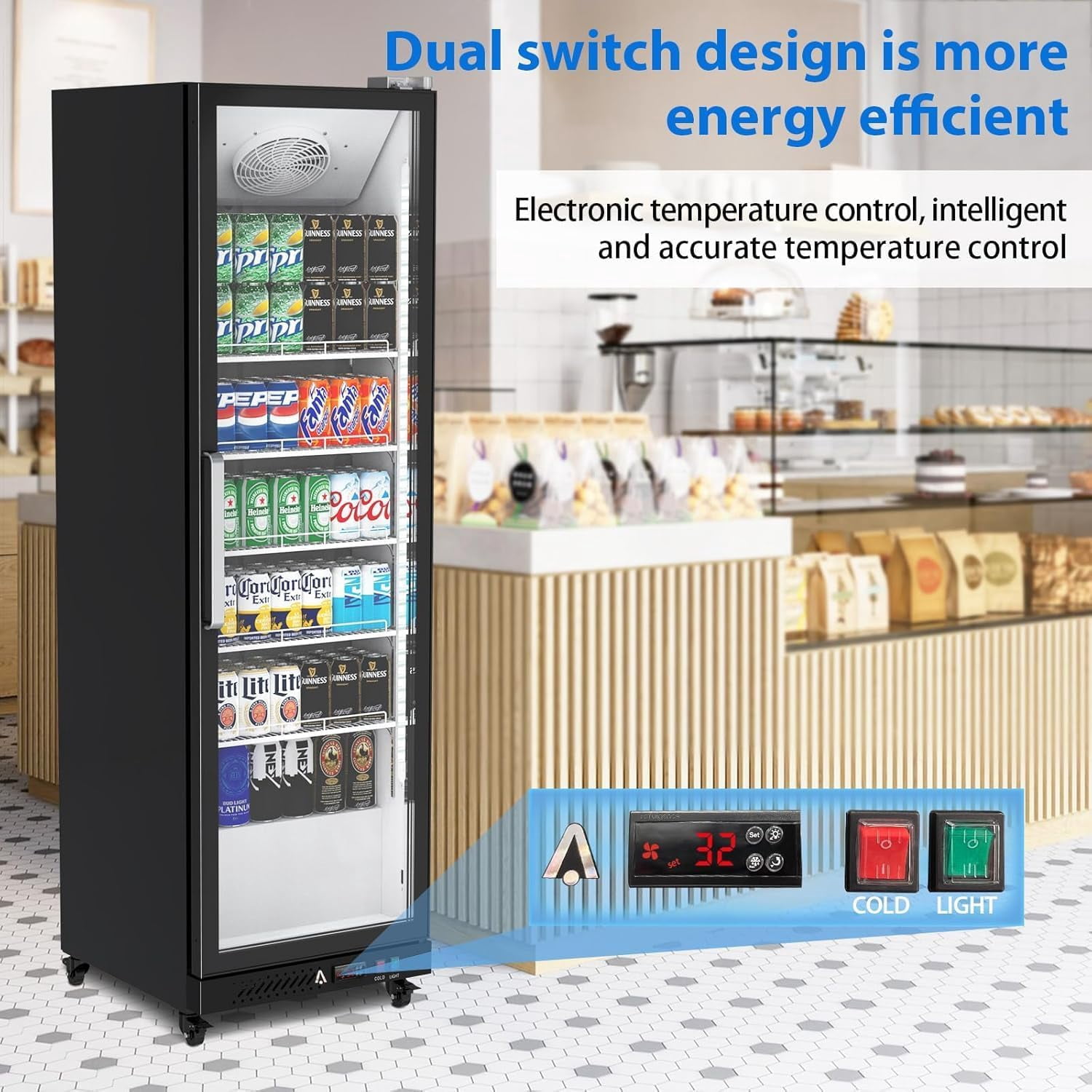 Homhougo Commercial Refrigerator, 12.4 Cu Ft Display Refrigerator Commercial, Upright Beverage Cooler With Reinforced Glass Door Fridge, Adjustable Shelves, Drink Organizers, Soft Led Light, Black