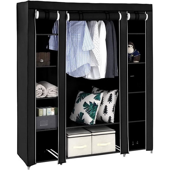 BoldGear 59 inches Portable Closet Wardrobe, Non-Woven Fabric Closet Storage Organizer with Hanging Rods &12 Storage Shelves, Quick and Easy Assembly (Black)