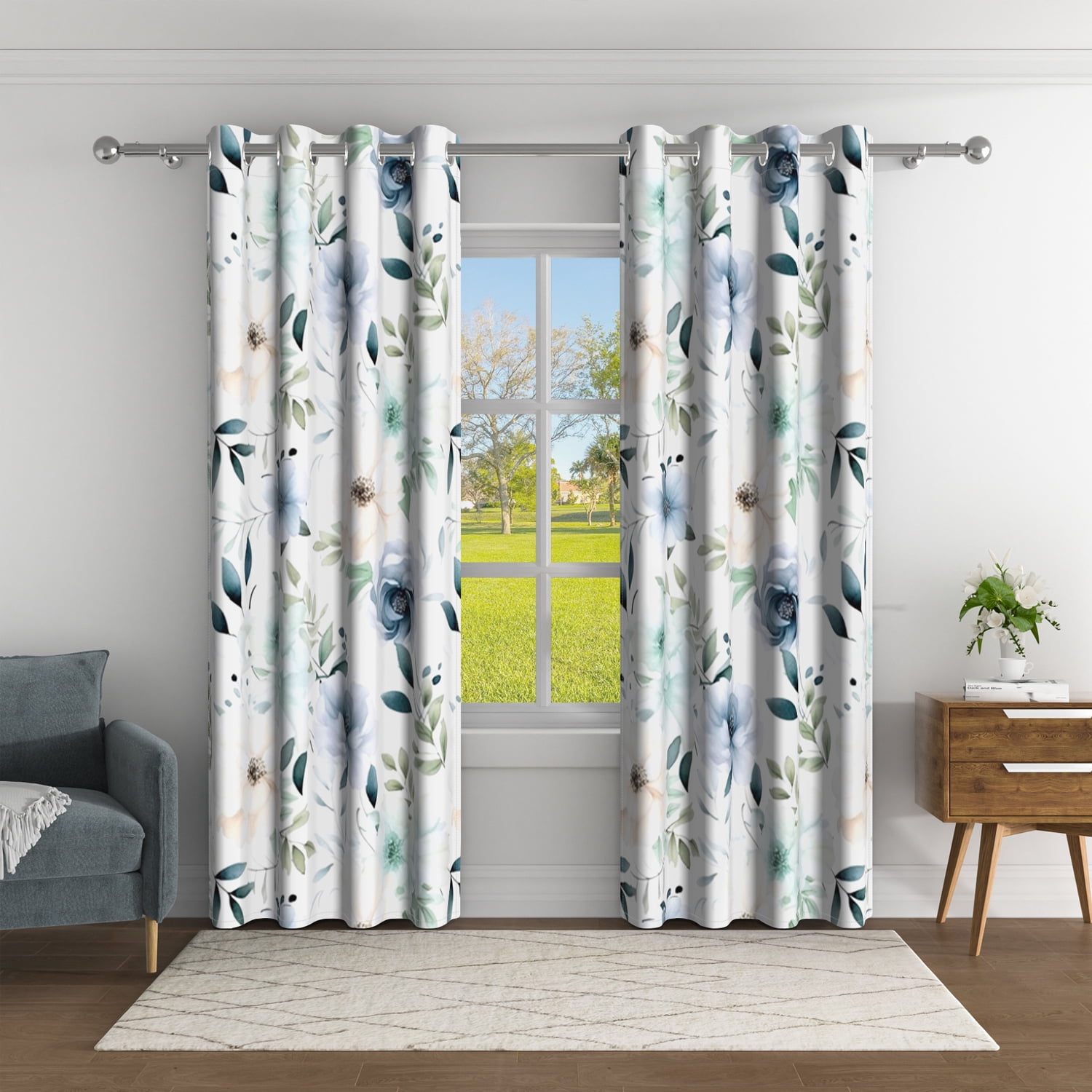 Aofoto Floral Print Blackout Curtain,Room Darkening Window Curtain,42x96inches, Set of 2