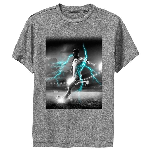 Boy's Lost Gods Blue Lightning Soccer Player Performance Graphic Tee Charcoal Heather Large