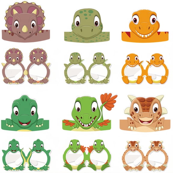 Dinosaur Party Supplies Set - 24pcs Cartoon Dinosaur Birthday Party Favors - Dinosaur Birthday Hats & Dinosaur Glasses for Dinosaur Themed Birthday Party Decorations Supplies for Boys & Girls