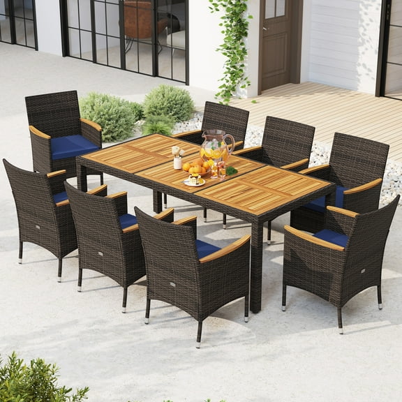 Gymax 9 Pieces Patio PE Wicker Dining Set Outdoor Acacia Wood Table & Chairs