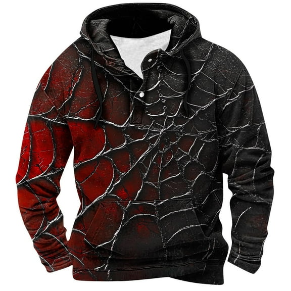 Riecok Mens Sweatshirt Drawstring Halloween Printed Long Sleeve Tops with Pocket Stylish Hoodies Wine 2XL