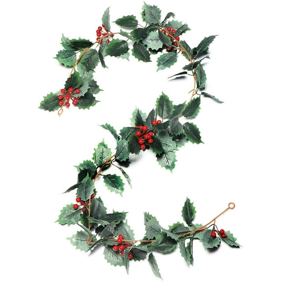 Viworld Christmas Garland Holly Leaves and Red Berries Winter Garland, Holiday Decoration Holly Leaf Garland, 5.5 FT Premium Garland Christmas for Mantle(Dark Green)