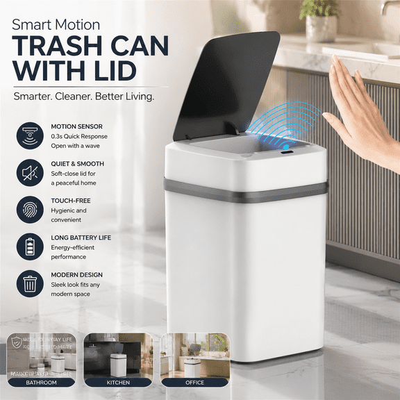 Clearance! Smart Trash Can with Lid, 13L Automatic Garbage Can with Touch-Free & Motion Sensor, Anti-Fingerprint Mute Designed Waste Bin for Office Home, White ﻿