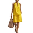 thumbnail image 2 of Linen Short Sets for Women 2 Piece Outfits V Neck Halter Tank Tops Knee Length Bermuda Shorts Beach Loungewear Set,Yellow XL, 2 of 7