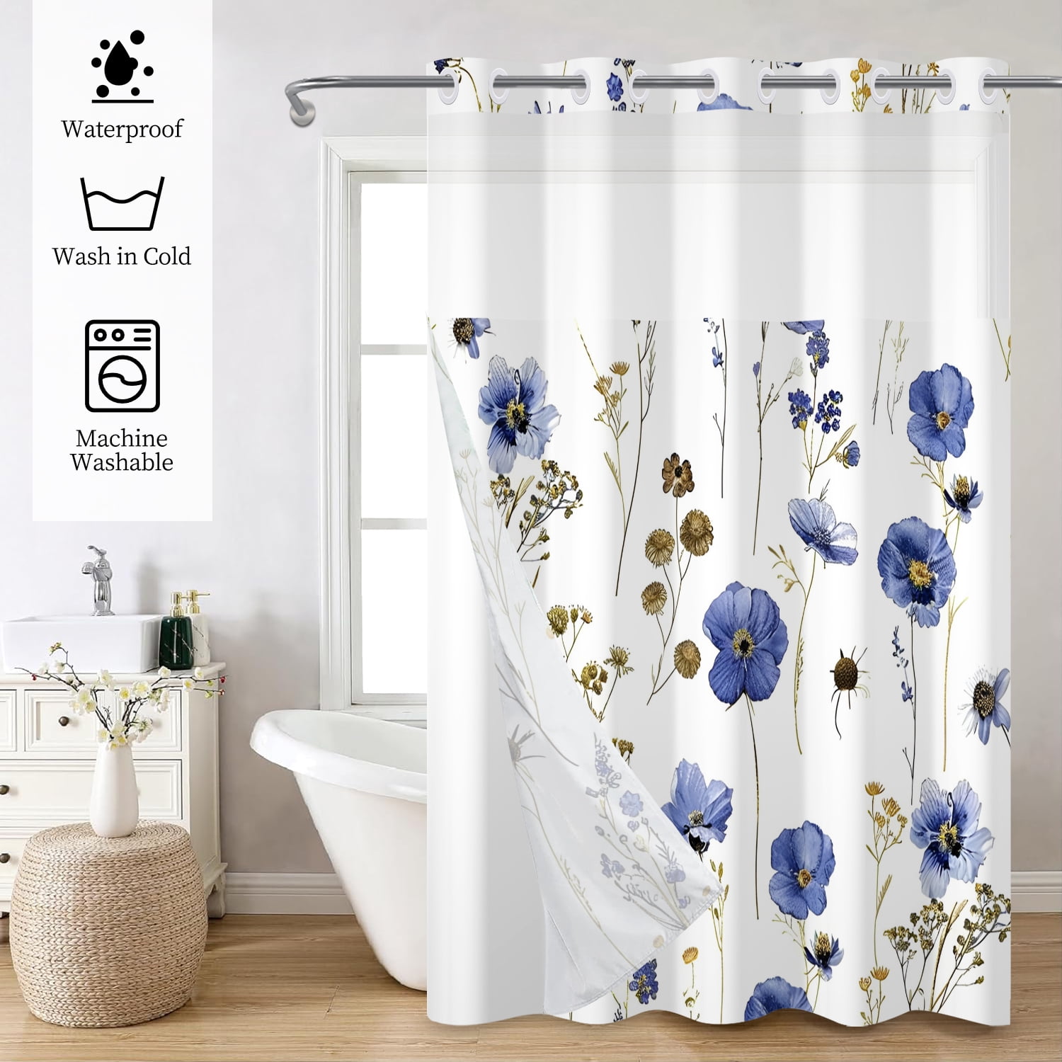 Mizhona Blue Flower Shower Curtain with Snap in Liner,Rustic No Hook Fabric Bath Curtain,71"× 74"