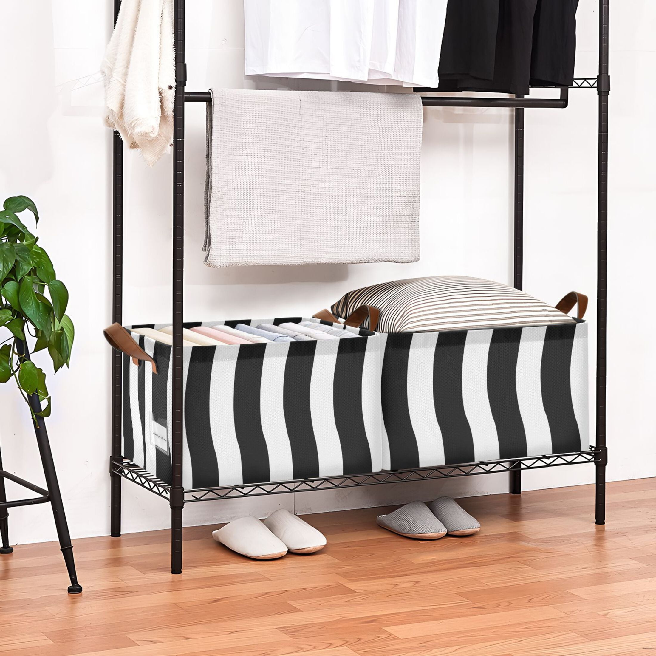 Ryvnso White with Black Line Stripe Storage Bins Large Basket Foldable Cube Toys Organizer with Handles 2 PCs