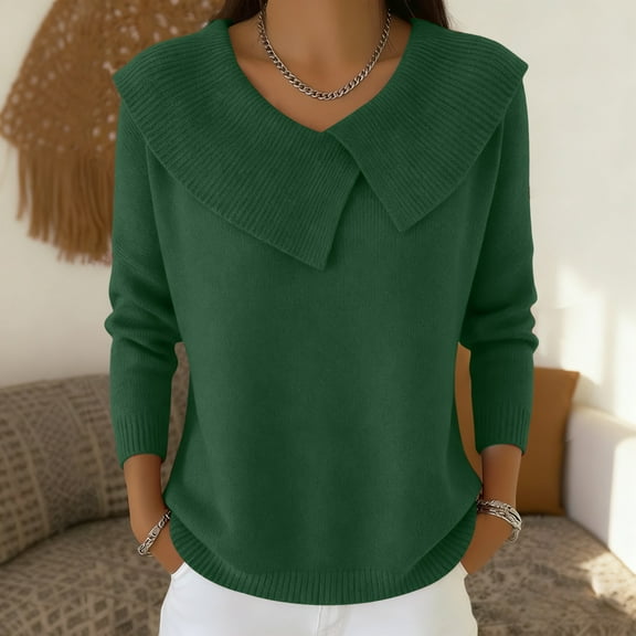 Knit Top for Women Long Sleeve Shawl Collar Pullover Sweater Casual Jumper Tops Green L