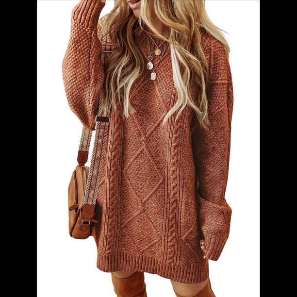 Vestido Minisuéter Holgado de Larga con Cuello Redondo y Punto para Mujer, Estilo Informal, para Otoño e Invierno. Color Caramelo L