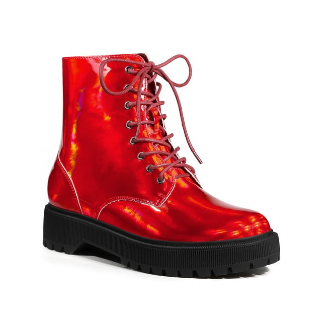Unique Bargains Bottines de Combat Colorées à Lacets à Plateforme à Bout Rond pour Femme Rouge (Taille 10)