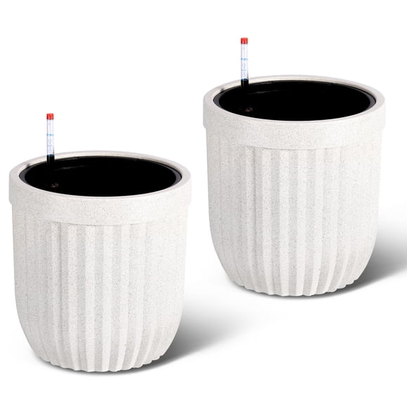 Juego de 2 Macetas Altas con Autorriego – Diseño Mármol Blanco – Ruedas e Indicador de Agua – 37 cm – Interior y Exterior – Sala, Oficina, Patio y Jardín – Blanco