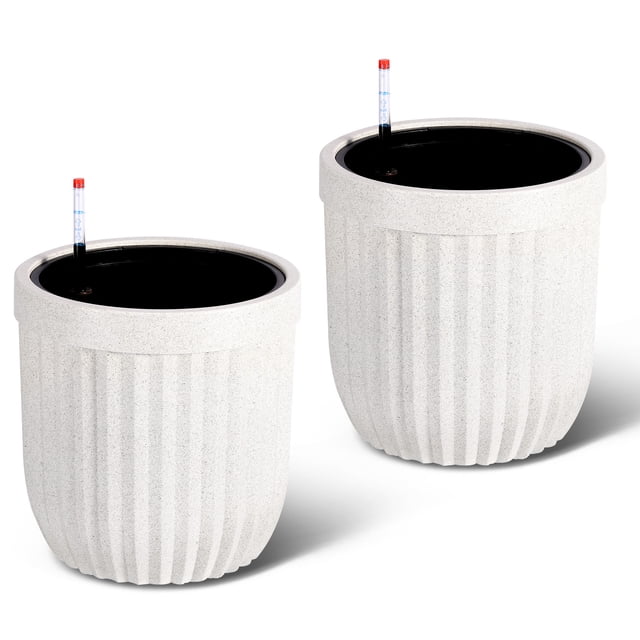 Juego de 2 Macetas Altas con Autorriego – Diseño Mármol Blanco – Ruedas e Indicador de Agua – 37 cm – Interior y Exterior – Sala, Oficina, Patio y Jardín – Blanco
